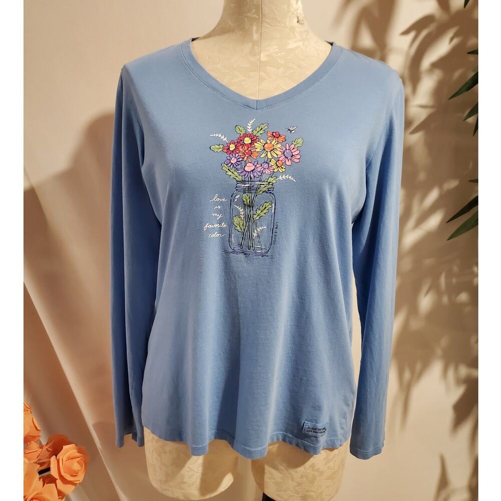 Life is Good Crusher Lite V-Neck Love is my Favorite Color Tee Womens Sz S Blue